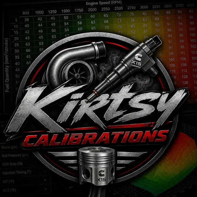 Kirtsy Calibrations emblem: turbocharger, fuel injector and piston over a calibration fuel map